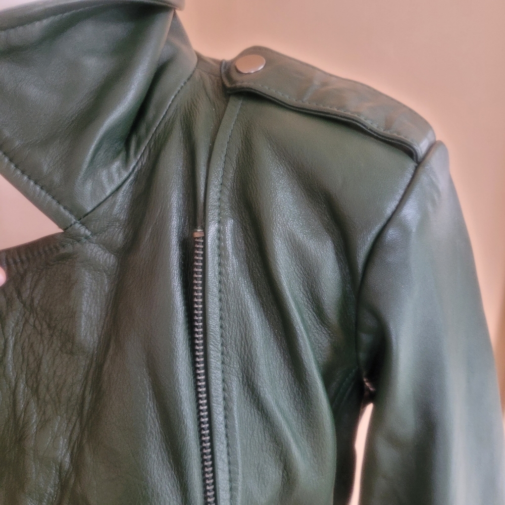 Sara Leather “Experience the Fashion” 100% Genuine Lambskin Green Moto Jacket XS - Picture 13 of 15